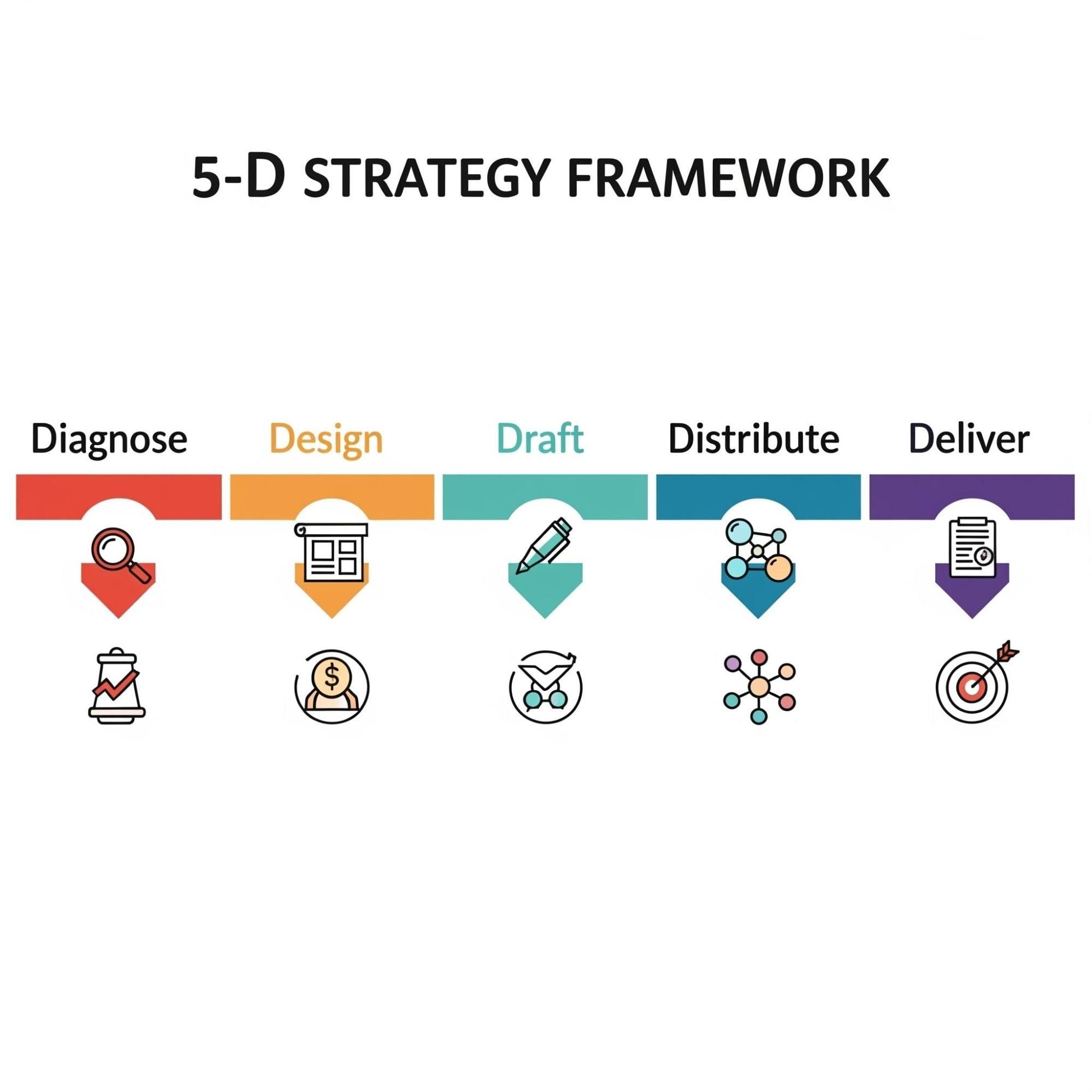 Visual diagram of the 5-D Strategy Framework showing five stages: Diagnose, Design, Draft, Distribute, and Deliver — a one-week process for building and executing marketing strategies.