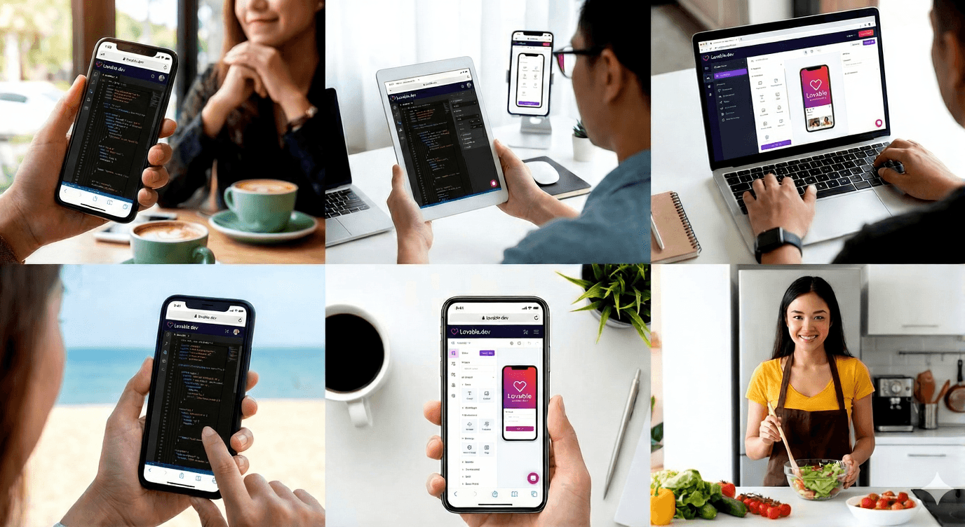 ix-panel photo collage of diverse people using the Lovable.dev app builder platform across smartphones, tablets, and laptops. Settings include a cafe, office, beach, and kitchen, with screens showing both code views and visual design interfaces.