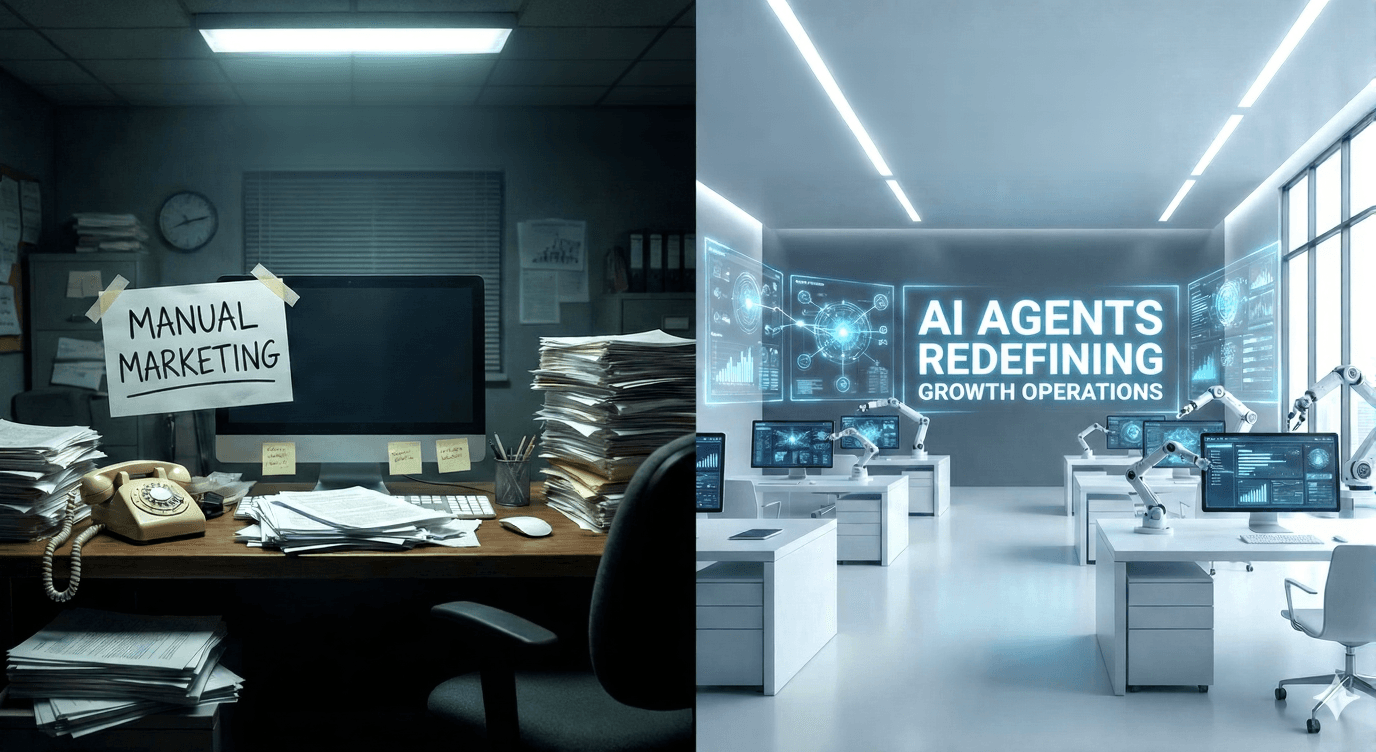 Split-screen comparison: Left shows a dark, cluttered office labeled "Manual Marketing" with piles of paperwork. Right displays a sleek, futuristic workspace with digital interfaces representing "AI Agents Redefining Growth Operations."