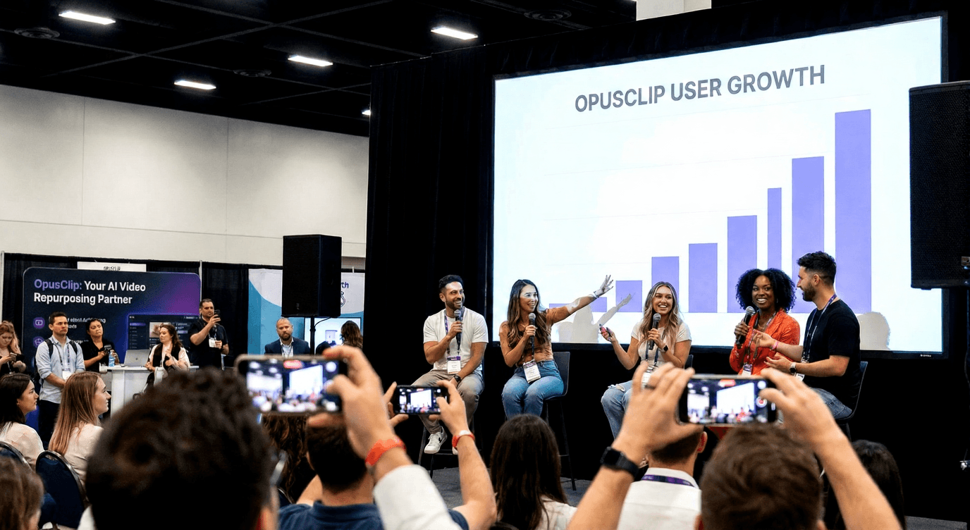 A panel of diverse influencers sitting on stage underneath a large screen displaying an "OpusClip User Growth" bar chart, while audience members record the session on their smartphones.